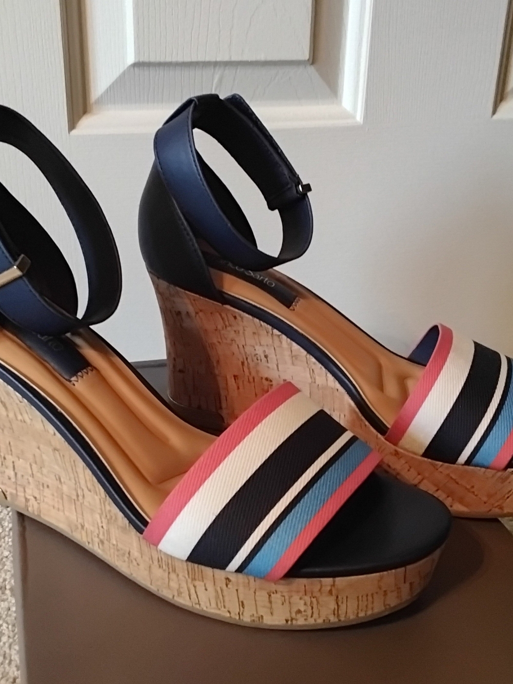 Franco Sarto Clemons Navy Espadrille Wedge Sandals with Blue Multicolor Stripes